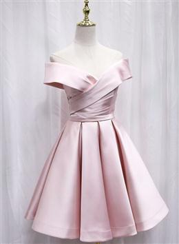 Picture of Cute Satin Pink Sweetheart Off Shoulder Knee Length Party Dresses, Short Prom Dresses